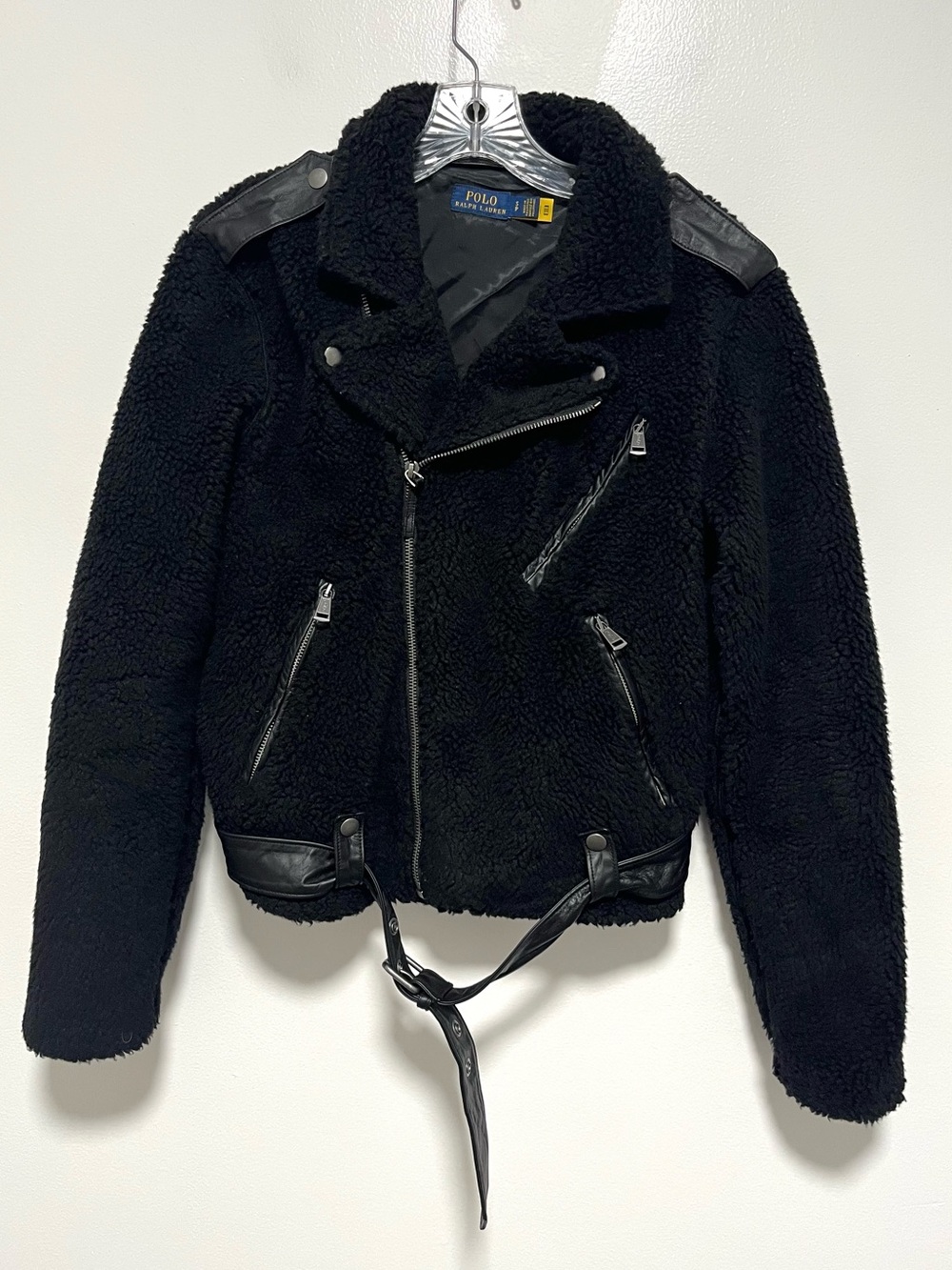 Polo Ralph Lauren Black Fleece Sherpa Moto Jacket Leather Trim Small